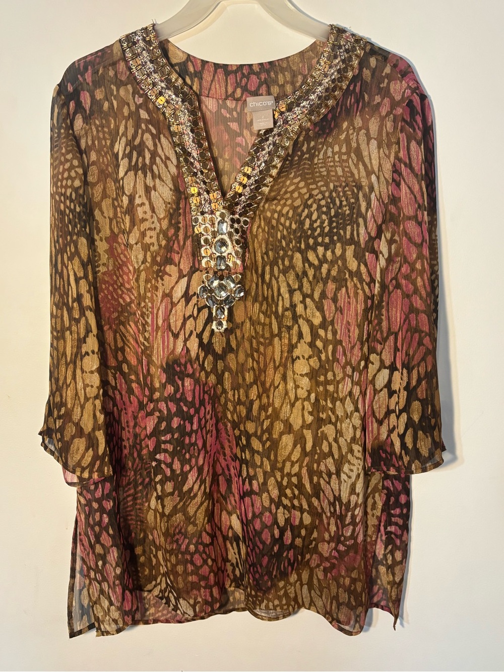 Chico’s Size 2 Embellished Animal Print Sheer Tunic Blouse